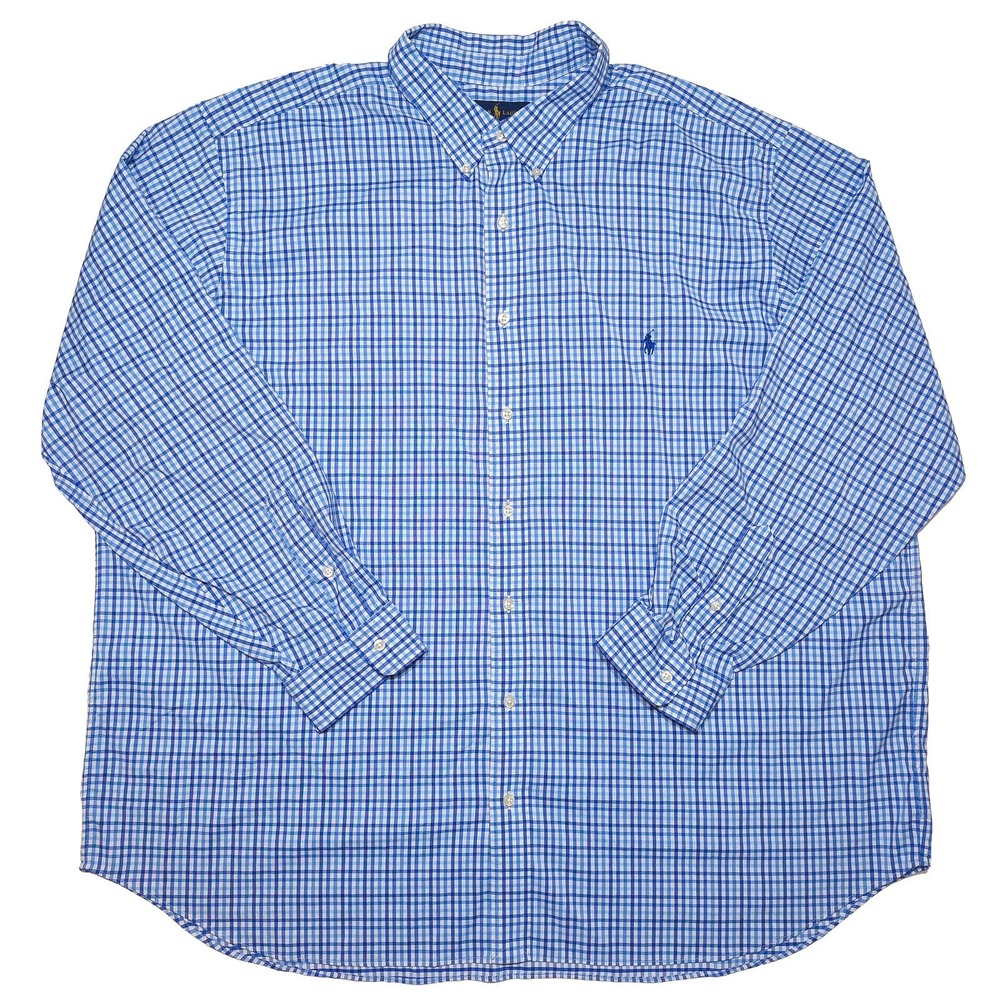 POLO RALPH LAUREN Performance Shirt Mens 3XB Blue Gingham Long Sleeve Excellent